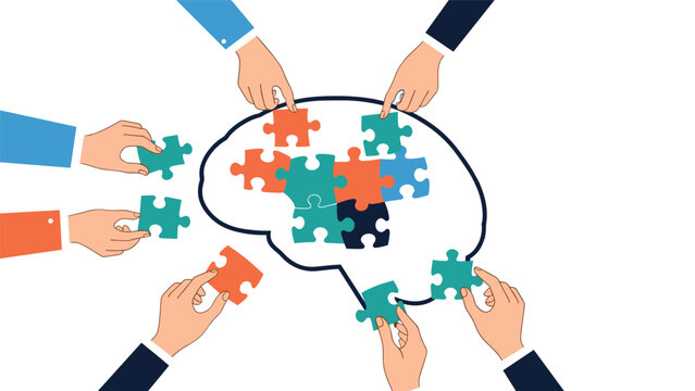 Diverse hands collaborating to place colorful puzzle pieces into a large brain outline, symbolizing teamwork, collective intelligence, and problem solving.