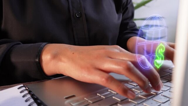 Online marketplace and digital capital. Close-up of a businesswoman working on her computer with a virtual globe icon and a dollar sign.