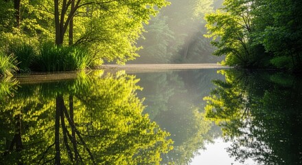 Fototapeta premium Golden Sunlight Illuminating Vibrant Green Trees Reflected in Serene Pond Water Creating a Peaceful Misty Forest Scene