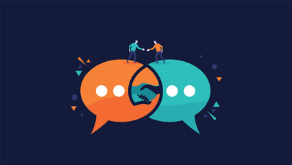 Fototapeta premium Two professionals shaking hands on top of overlapping orange and blue speech bubbles representing successful communication and agreement.