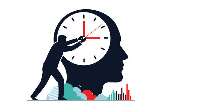 Silhouette of a person pushing the minute hand of a large clock situated inside a giant human head, representing time management and cognitive focus.