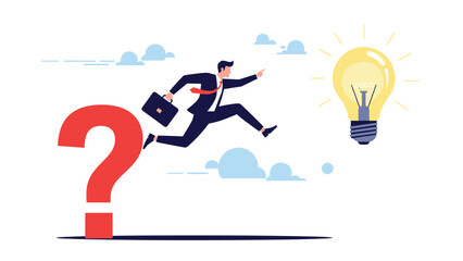 Fototapeta premium Businessman jumps from a giant red question mark towards a glowing light bulb to symbolize leaving uncertainty and moving toward a new idea.