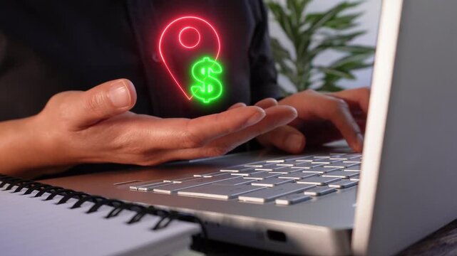 Financial analysis by region. Close-up of a businesswoman's hands working on her laptop while holding a virtual pin icon with a dollar sign.
