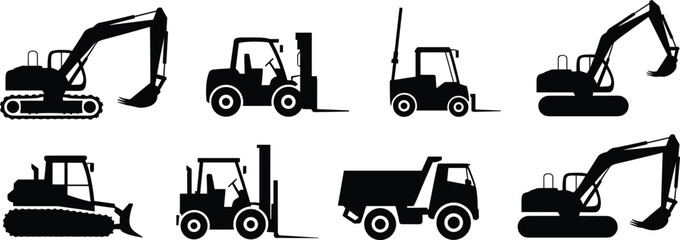 Construction vehicle silhouette vector set including excavator, bulldozer, forklift, dump truck and heavy equipment icons for industrial machinery design © Rayhan
