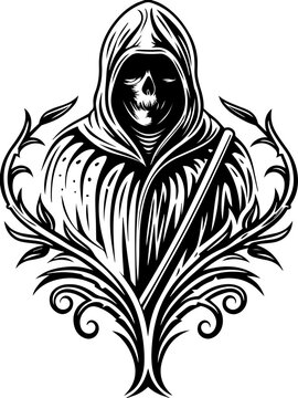 SVG gothic skull reaper with hellfire tattoo design. Grim Reaper Character in Artistic Black and White Design