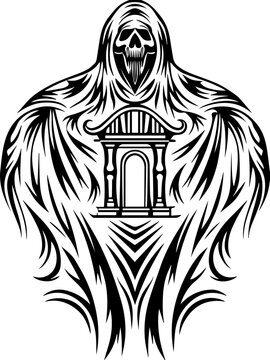 SVG gothic skull reaper with hellfire tattoo design. Dark Tribal Ghost Graphic with Intricate Design Elements