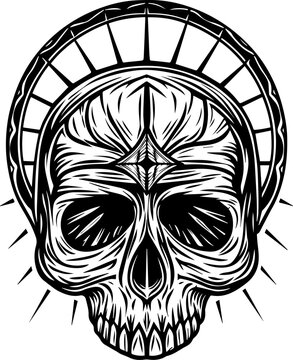 SVG gothic skull reaper with hellfire tattoo design. Intricate Monochrome Skull Design with Radiating Elements