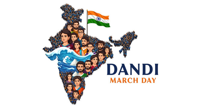Illustration of a diverse group of people gathered around a map of India with the Indian flag, celebrating Dandi March Day with a patriotic theme.