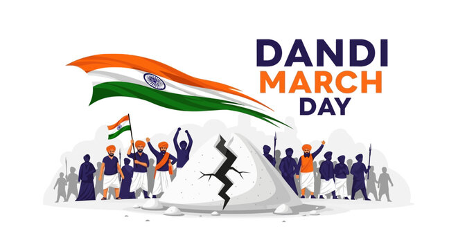 Illustration of people marching with the Indian flag on Dandi March Day, a protest against British salt tax led by Mahatma Gandhi, with a stylized design and vector graphics.