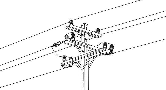 Detailed line drawing of electrical power lines and utility pole structure