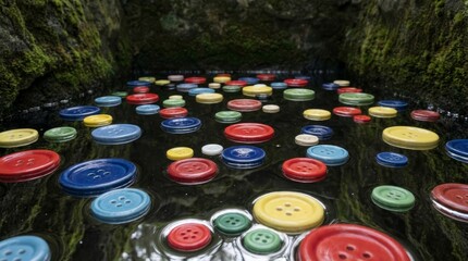 Colorful Buttons Floating on Dark Water Surface with Mossy Rocks