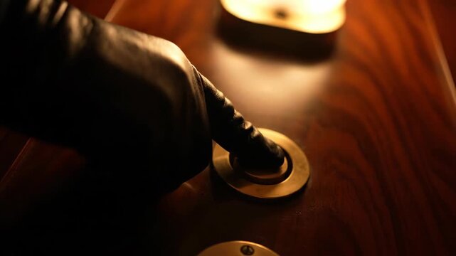 Finger presses metal button on wooden surface in low light.