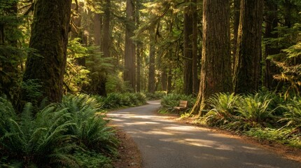 Fototapeta premium Tranquil Forest Path Winding Through Old-Growth Trees with Golden Sun Rays and Lush Green Ferns