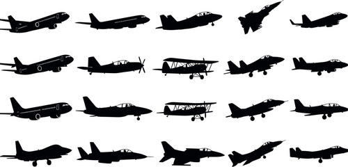 Airplane and fighter jet silhouettes collection including passenger aircraft military jets and propeller planes isolated aviation transport vector illustration set