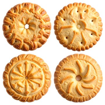 A 2x2 grid of golden-brown pastries with decorative patterns