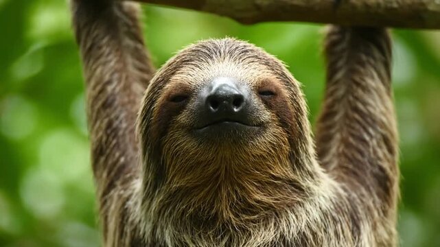 Sloth hanging on branch in relaxed calm with soft natural lighting for wildlife conservation