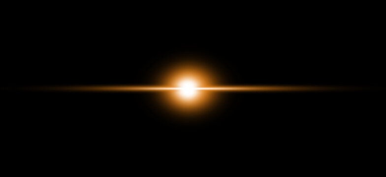 Golden Lens Flare on Horizon, Abstract Sunlight and Star Effect for Overlay, Star light sparkle glow, len flare, Magic Beam Spark Effect.