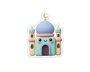 Obraz premium Cute 3D Render Mosque Character with Smiling Face for Eid Mubarak