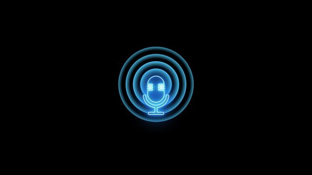 Microphone animation. Glowing neon blue microphone icon with sound wave animation isolated on black background. Voice record, Audio microphone concept.