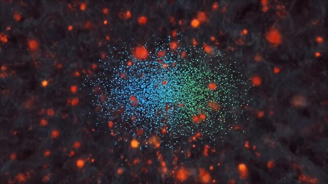 Abstract Microscopic View of Glowing Particles Forming a Nebula Against a Dark Textured Background with Orange and Blue Hues Subtle Motion