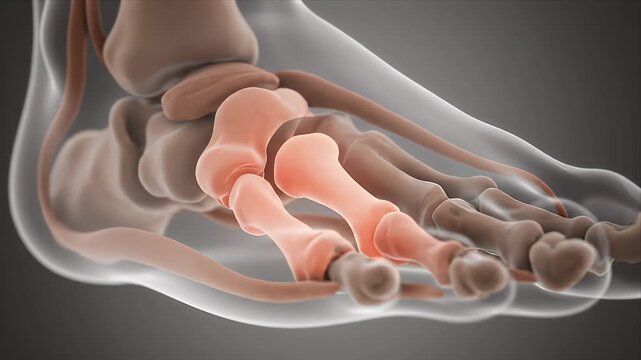 Anatomical 3D Visualization of the Human Foot Showing the Metatarsal and Phalangeal Bones With a Highlighted Proximal Phalanx on a Neutral Gray Background