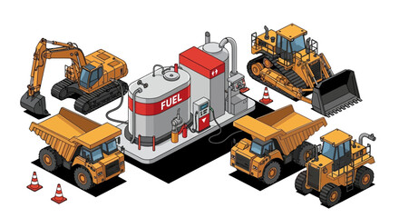 Flat illustration of construction vehicles and equipment on a white background