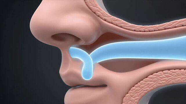 Close Up 3D Medical Animation Showing Nasal Cavity Airflow Illustration and Mucus Drainage With Dark Gray Background and Soft Lighting