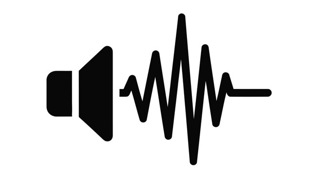 Black and white illustration of a sound wave and speaker icon