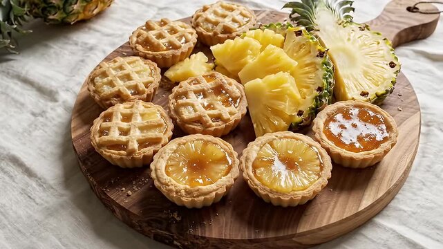 Delicious Pineapple Tarts and Slices on a Wooden Board.