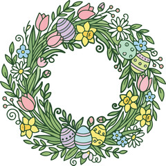 Spring Easter Floral Wreath with Flowers Leaves and Eggs Vector