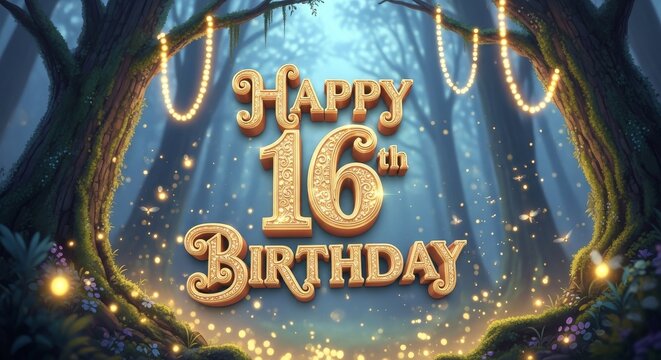 Happy 16th Birthday Magical 3D Typography Greeting Card Design, Enchanting Party Invitation