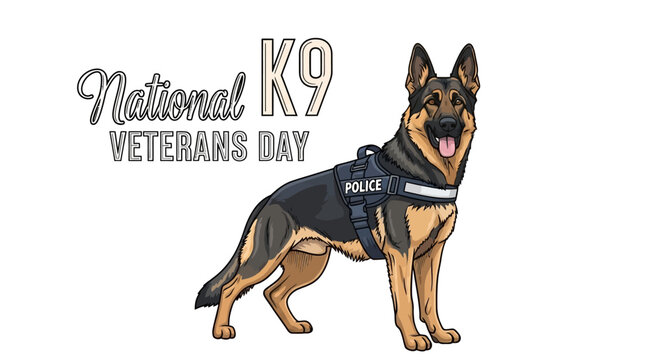 Illustration of a German Shepherd police dog wearing a vest on National K9 Veterans Day with a clean white background.
