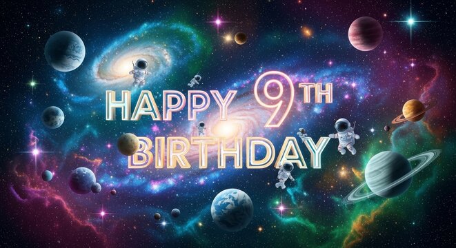 High-Quality Cosmic Happy 9th Birthday Greeting Card, Glowing 3D Space Typography Universe Celebration