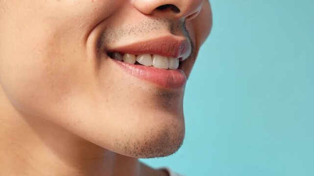 Close-up of a smiling man's mouth with clean white teeth and stubble