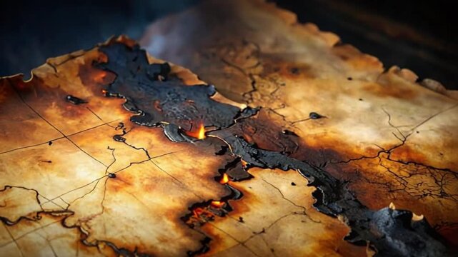Vintage map burning with flames and smoke, showing destruction and old history