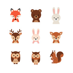 Fototapeta premium Funny cartoon animal head icon set with cat dog rabbit bear pig lion tiger cow panda fox and other cute animals in a simple vector illustration collection