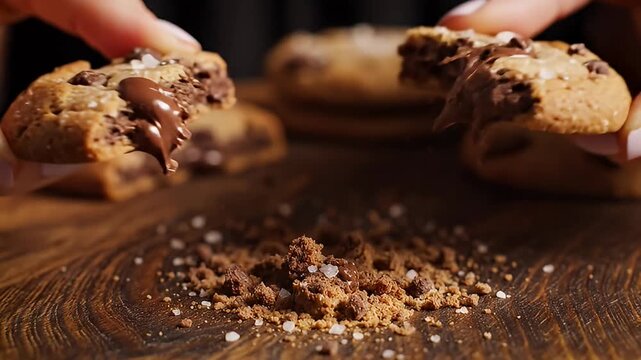 Close up of hands breaking a chocolate chip cookie with melted chocolate oozing out.