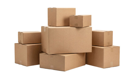 Obraz premium Cardboard parcel boxes stacked for delivery isolated on transparent background
