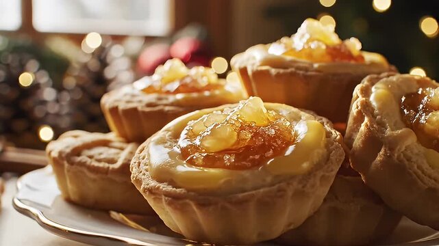 Delicious Christmas mince pies arranged on a plate with festive decorations.