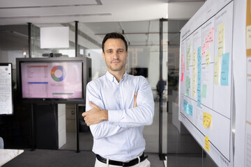 Confident of success. Proud middle adult business professional project manager marketer stand near...