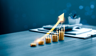Naklejka premium Gold market investment growth concept with rising stacked coins and upward arrow chart representing precious metal price increase, gold trading opportunity, financial security