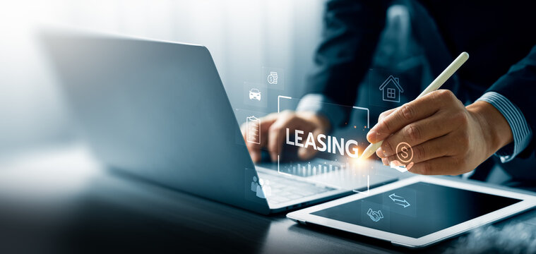 Digital leasing and asset financing management concept with business professional selecting leasing agreement on virtual interface for vehicle, property and equipment funding solutions