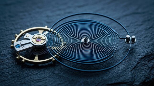 Delicate blue hairspring unfurling with intricate gold balance wheel of a watch mechanism