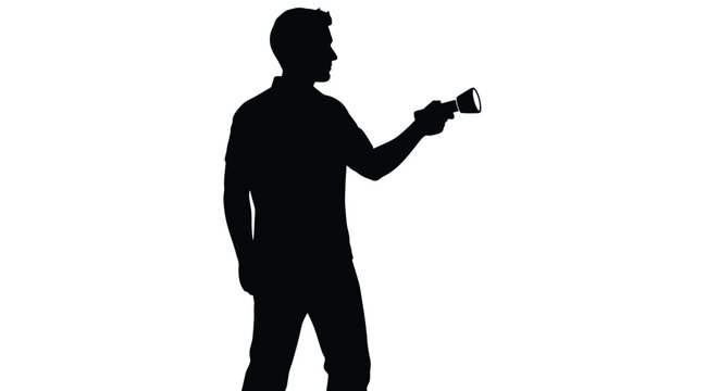 Silhouette of a man standing sideways holding a flashlight illuminated toward the right side isolated on white