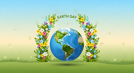 Naklejka premium Earth Day Celebration: The vibrant Earth, adorned with flourishing flora, stands at the heart of an Earth Day celebration, symbolizing the interconnectedness of all life on our planet.