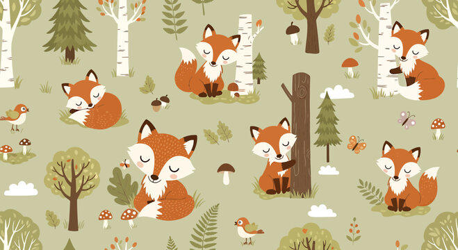 Cute Fox Family in Autumn Forest Seamless Pattern, Cute Animals, Nature Background