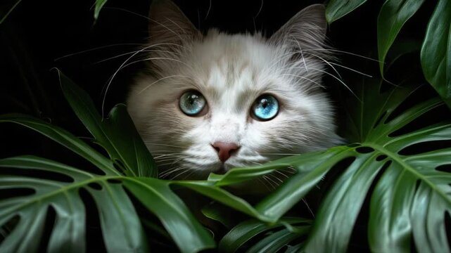 A light-colored cat with striking blue eyes peeks from behind lush green leaves