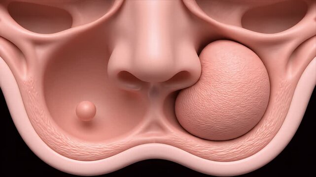 Medical Illustration Depicting Nasal Polyps and Turbinate Hypertrophy with Realistic Mucosa and Anatomical Detail
