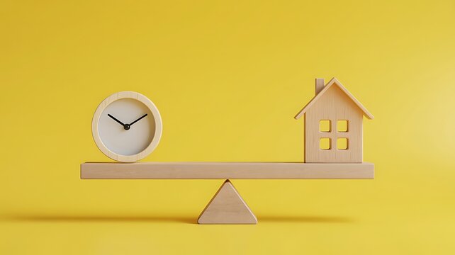 Balanced scale with clock and house model representing time and real estate investment concept