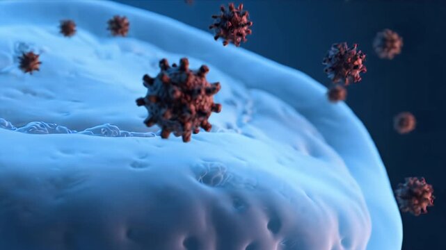 Microscopic View of a Biological Cell Undergoing Infection by Viruses with Blue and Red Tones and Dark Background